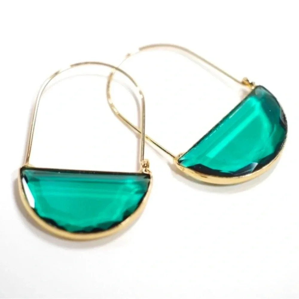 Anthropologie Gold Hoop Emerald Green Semicircle Drop Earrings - Picture 4 of 12